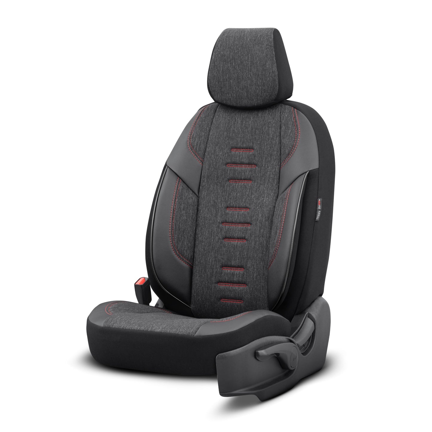 Комплект Луксозна Тапицерия OTOM текстил с еко кожа THRONE Design – Черна с червен шев, за Предни и Задни Седалки