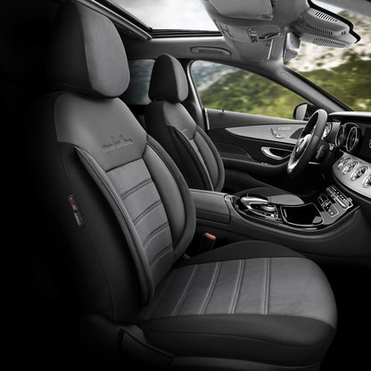 Комплект Луксозна Тапицерия OTOM текстил с еко кожа COMFORT LINE Design – Сиво-Черна със сив шев, за Предни и Задни Седалки