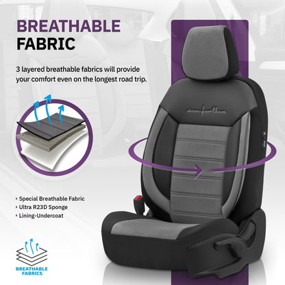 Комплект Луксозна Тапицерия OTOM текстил с еко кожа COMFORT LINE Design – Сиво-Черна със сив шев, за Предни и Задни Седалки