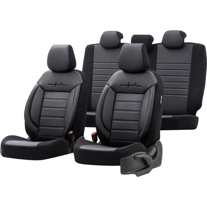 Комплект Луксозна Тапицерия OTOM текстил с еко кожа COMFORT LINE Design – Черна с черен шев, за Предни и Задни Седалки