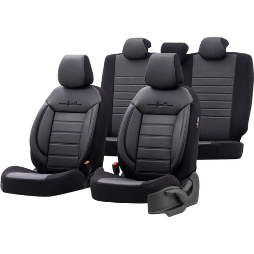 Комплект Луксозна Тапицерия OTOM текстил с еко кожа COMFORT LINE Design – Черна с черен шев, за Предни и Задни Седалки