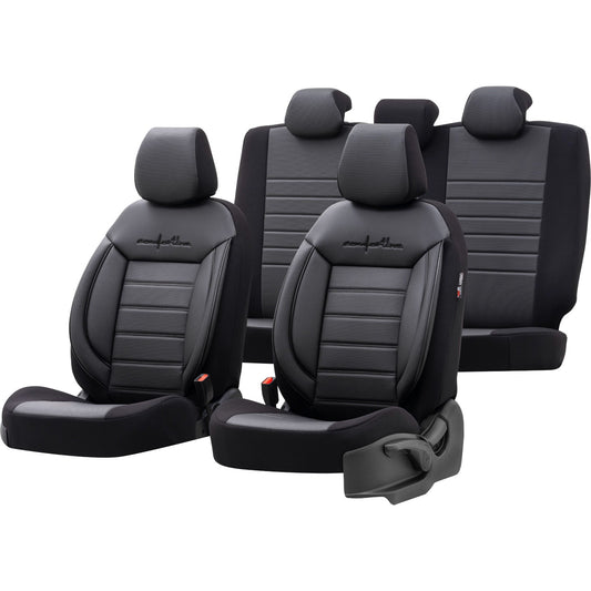 Комплект Луксозна Тапицерия OTOM текстил с еко кожа COMFORT LINE Design – Черна с черен шев, за Предни и Задни Седалки