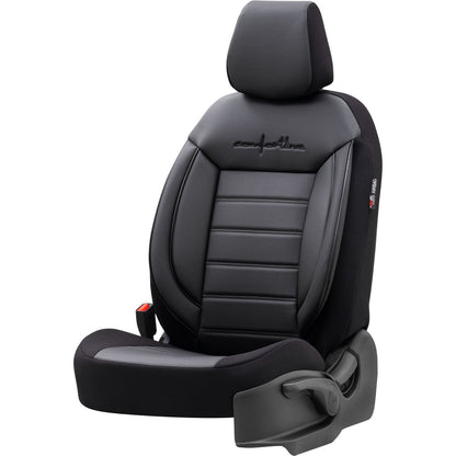 Комплект Луксозна Тапицерия OTOM текстил с еко кожа COMFORT LINE Design – Черна с черен шев, за Предни и Задни Седалки