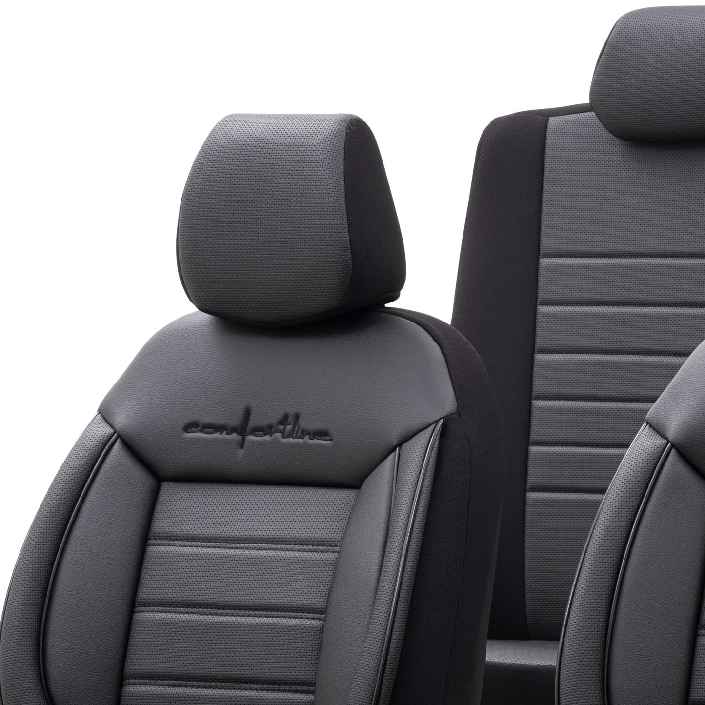 Комплект Луксозна Тапицерия OTOM текстил с еко кожа COMFORT LINE Design – Черна с черен шев, за Предни и Задни Седалки