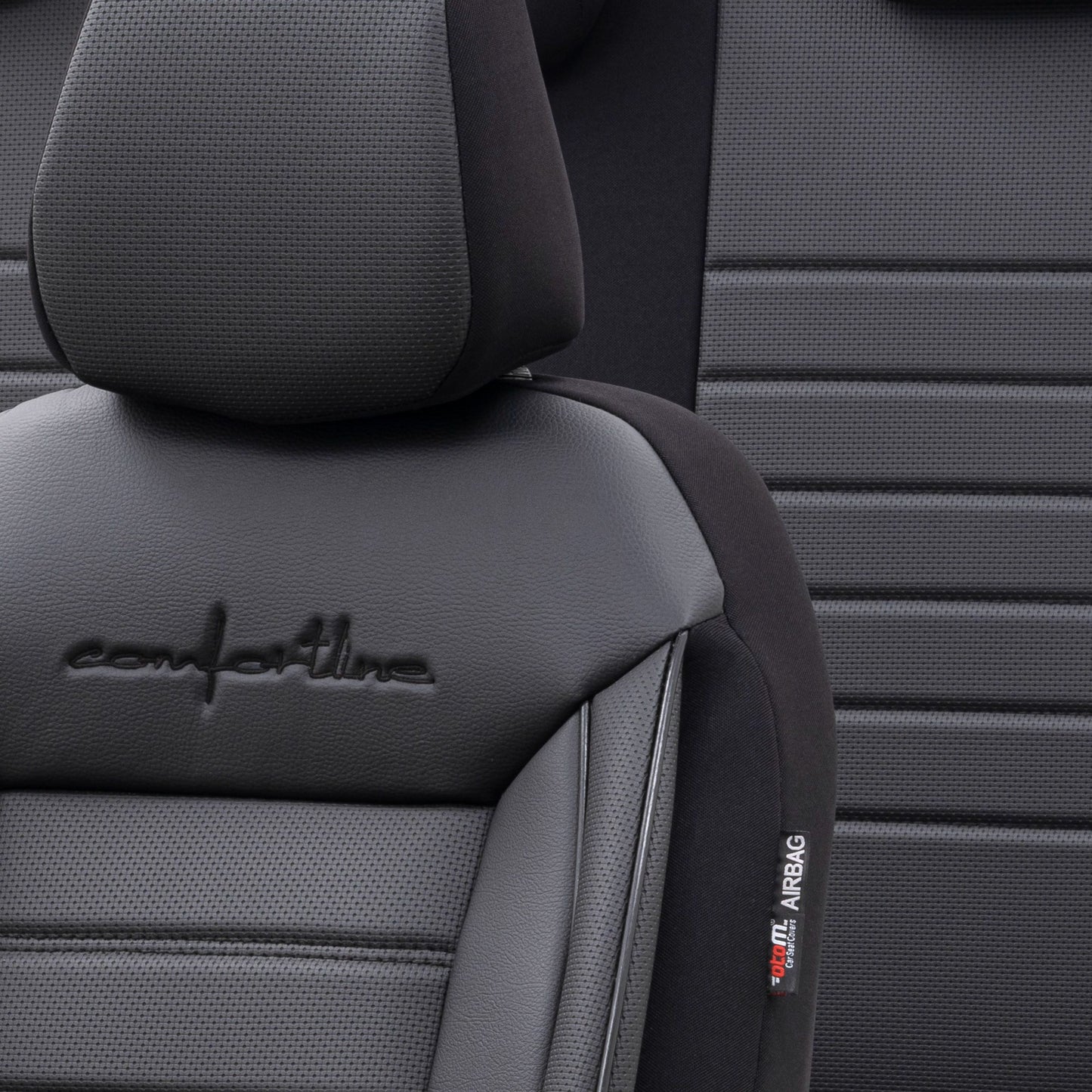 Комплект Луксозна Тапицерия OTOM текстил с еко кожа COMFORT LINE Design – Черна с черен шев, за Предни и Задни Седалки