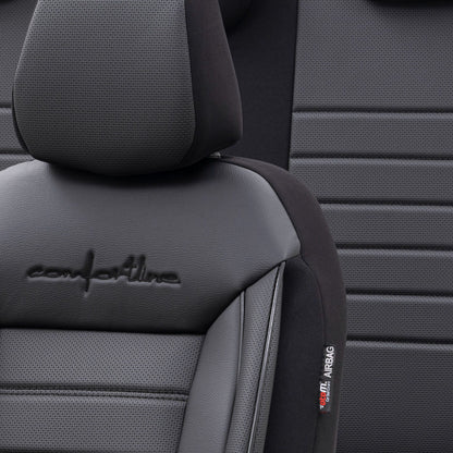 Комплект Луксозна Тапицерия OTOM текстил с еко кожа COMFORT LINE Design – Черна с черен шев, за Предни и Задни Седалки