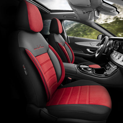 Комплект Луксозна Тапицерия OTOM текстил с еко кожа COMFORT LINE Design – Червено-Черна с червен шев, за Предни и Задни Седалки