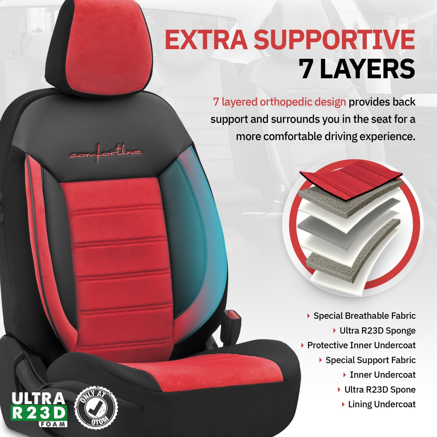 Комплект Луксозна Тапицерия OTOM текстил с еко кожа COMFORT LINE Design – Червено-Черна с червен шев, за Предни и Задни Седалки