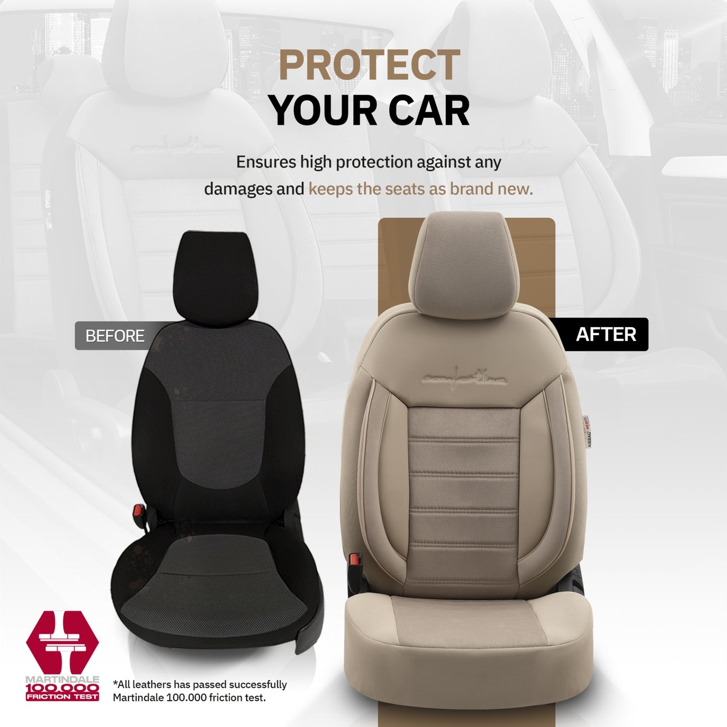 Комплект Луксозна Тапицерия OTOM текстил с еко кожа COMFORT LINE Design – Бежова с бежов шев, за Предни и Задни Седалки