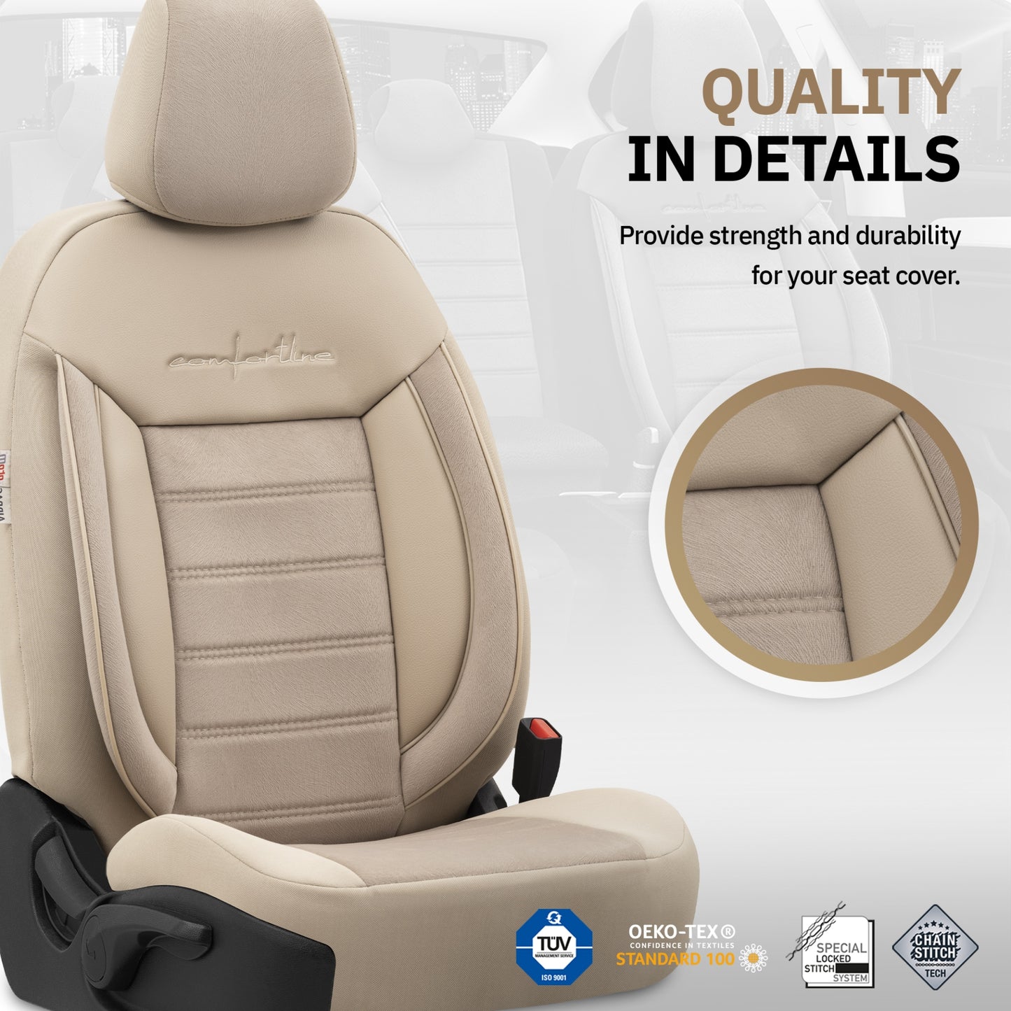 Комплект Луксозна Тапицерия OTOM текстил с еко кожа COMFORT LINE Design – Бежова с бежов шев, за Предни и Задни Седалки