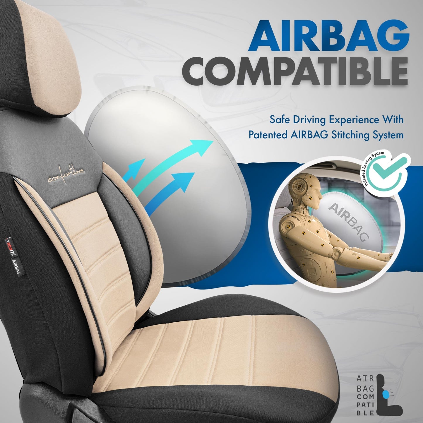 Комплект Луксозна Тапицерия OTOM текстил с еко кожа COMFORT LINE Design – Бежово-Черна с бежов шев, за Предни и Задни Седалки