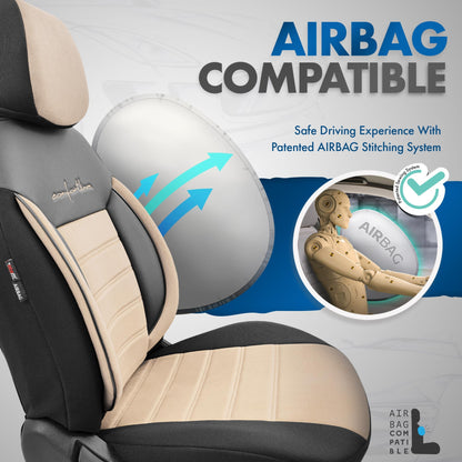 Комплект Луксозна Тапицерия OTOM текстил с еко кожа COMFORT LINE Design – Бежово-Черна с бежов шев, за Предни и Задни Седалки