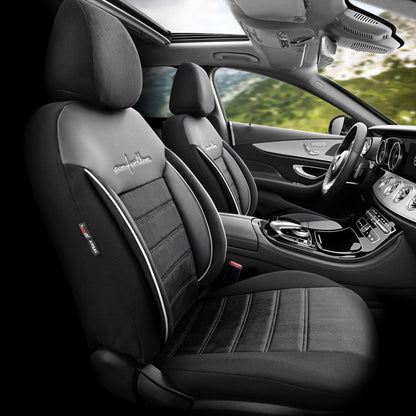 Комплект Луксозна Тапицерия OTOM текстил с еко кожа COMFORT LINE Design – Черна с бял шев, за Предни и Задни Седалки