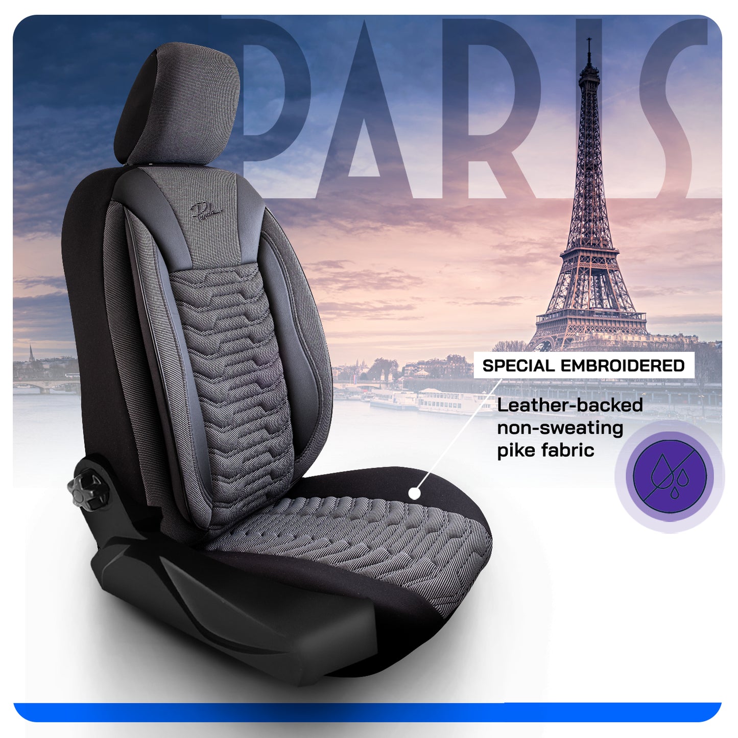 Комплект луксозна универсална тапицерия PANDA PARIS – Еко кожа и текстил, Черно, За предни и задни седалки