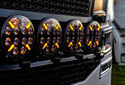 LED Диоден Халоген, Dark knight , Фар, с Жълт, Оранжев Габарит, Ø 218мм, 12V 24V, 12 Диода, За Джип, Камион, Трактор, Багер, Земеделски Машини и др.