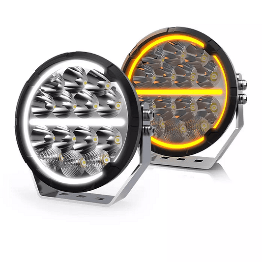 Комплект 2бр Кръгли LED бойни фарове / прожектори + бяла и оранжева DRL светлина 6.5" 150W, 10850lm
