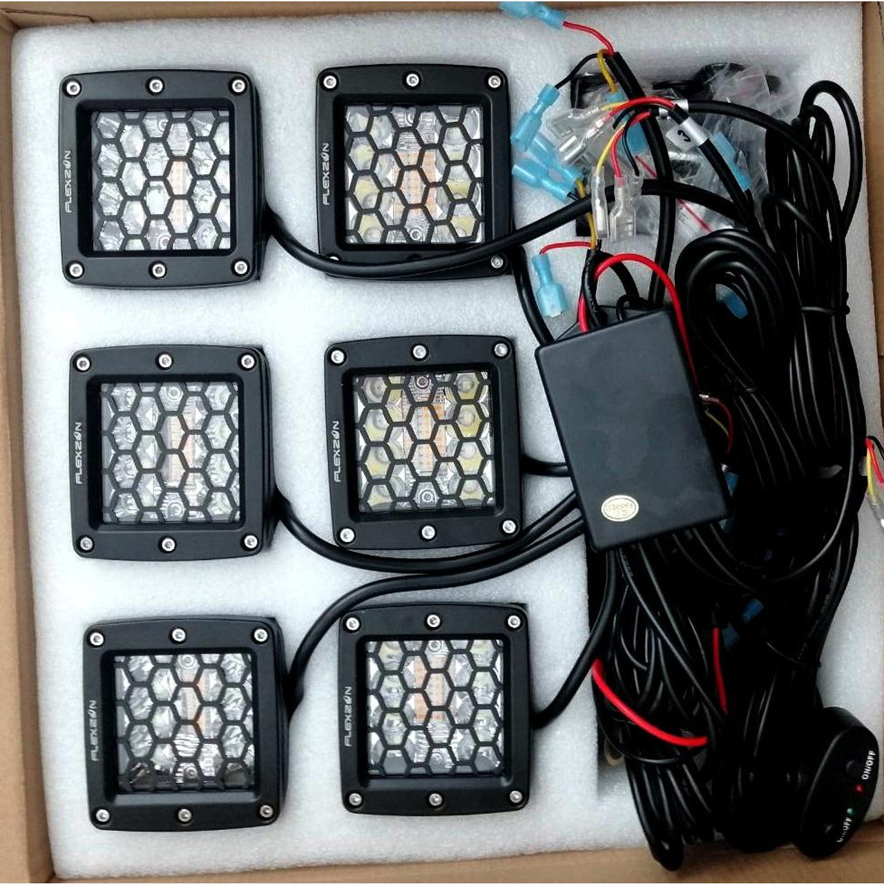 Комплект 6бр квадратни LED работни светлини, бяла 6500К и оранжева/блиц 3000K светлина, 6 режима, 12/24V
