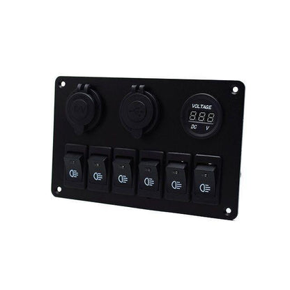 Панел за вграждане с 6 бутона, 2x USB, 12V изход и волтметър - универсален