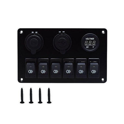 Панел за вграждане с 6 бутона, 2x USB, 12V изход и волтметър - универсален