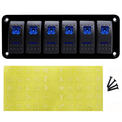 Панел/табло с 6 бутона ON/OFF - универсални, за LED светлини, бар, фарове, лебедки и допълнително оборудване за вграждане 12V - 24V