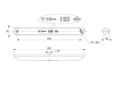LED  Диодна Мултифункционална Задна Светлинаа С Три функции Стоп Габарит Мигач 12V - 24V E-Mark, 257mm x 27mm