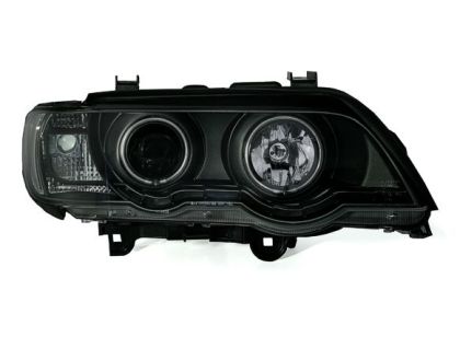 Кристални фарове с дневни светлини и ангелски очи за BMW X5 (1999-2003) - черни