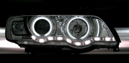 Кристални фарове с дневни светлини и ангелски очи за BMW X5 (1999-2003) - черни