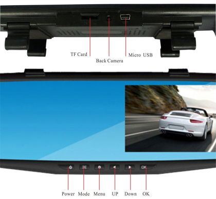 Видеорегистратор 1080 FULL HD с 4,3" LCD дисплей в огледалото и камера за задно виждане и запис